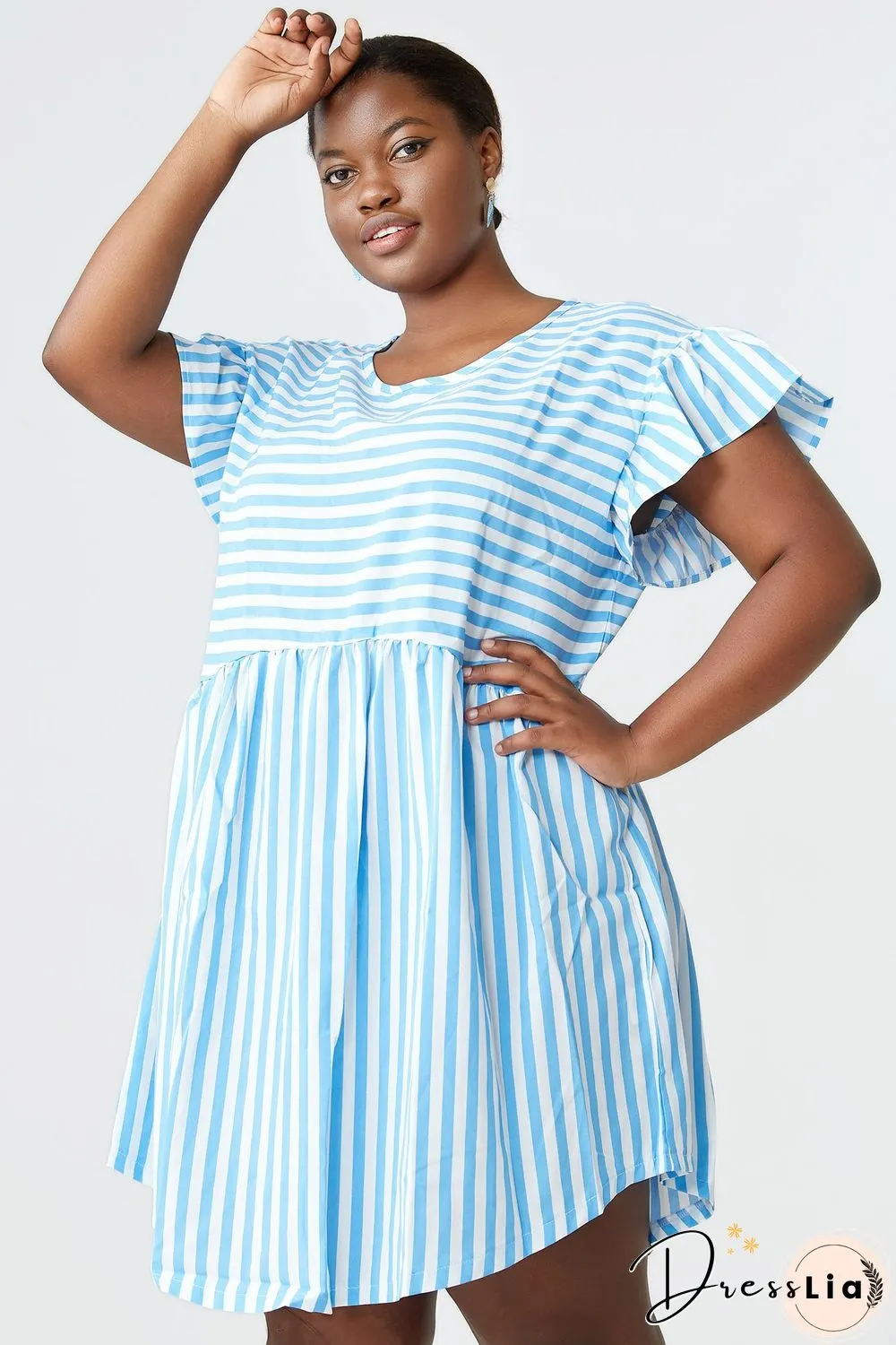 Ruffled-sleeved Striped Mini Dress P14497