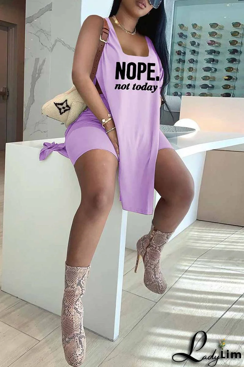 Red Fashion Casual Letter Print Slit U Neck Sleeveless Two Pieces