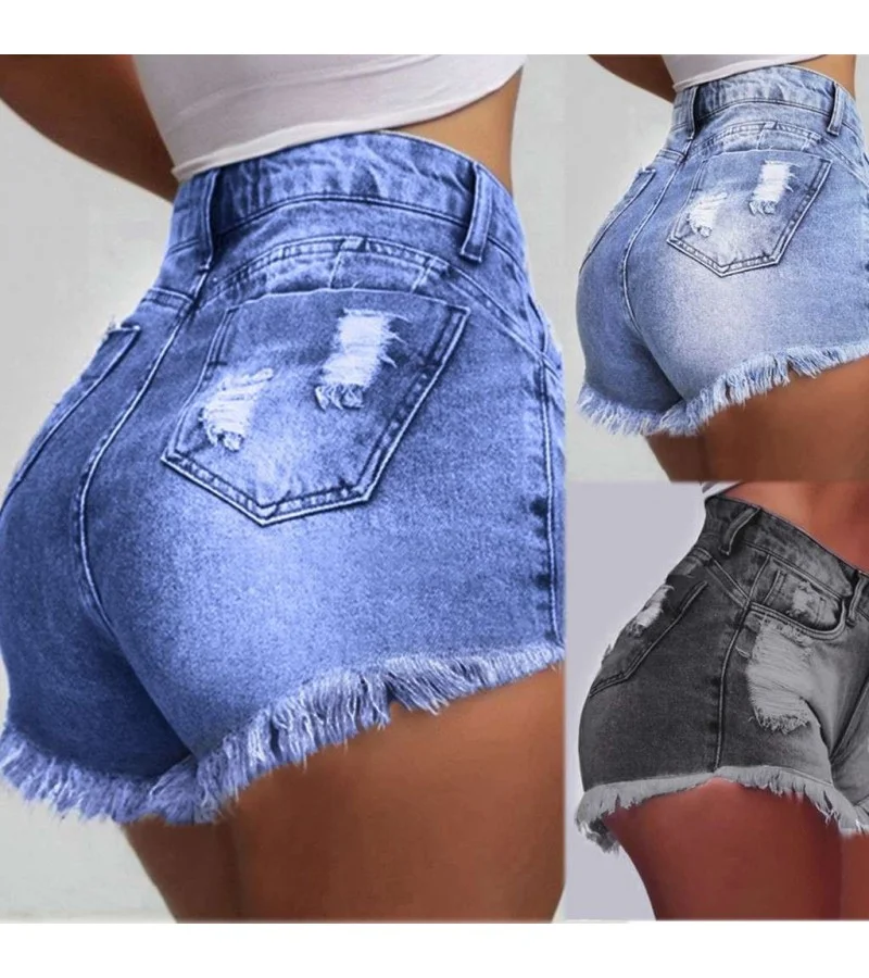 Women Sexy High-waisted Tassels Raw Hem Design Denim Shorts S-3XL