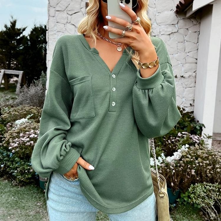 Casual V Neck Solid Color Long Sleeve Pullover