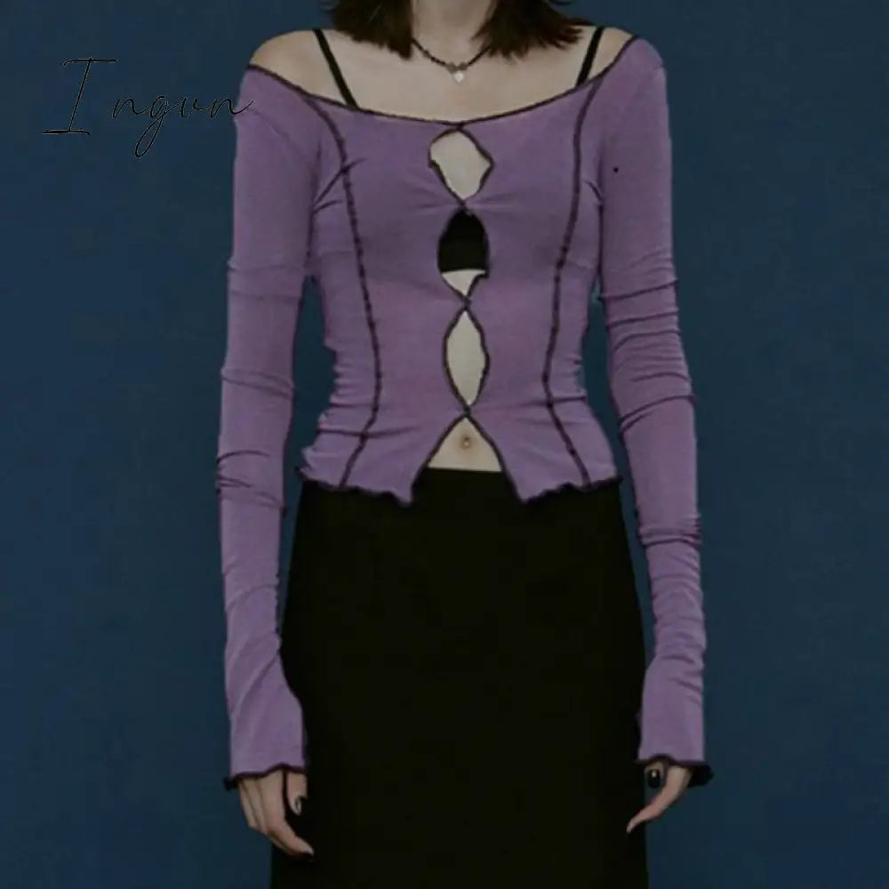 Ingvn - Spring Outfits Sexy Solid Hollow Out Top Long Sleeve O - Neck T - Shirt Woman Casual Autumn