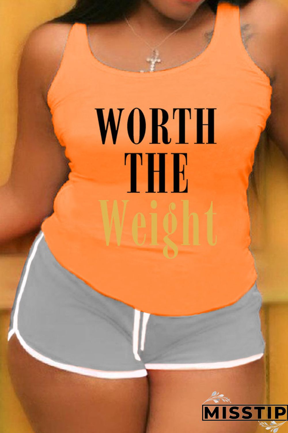 Khaki Casual Letter Patchwork U Neck Plus Size Two Pieces