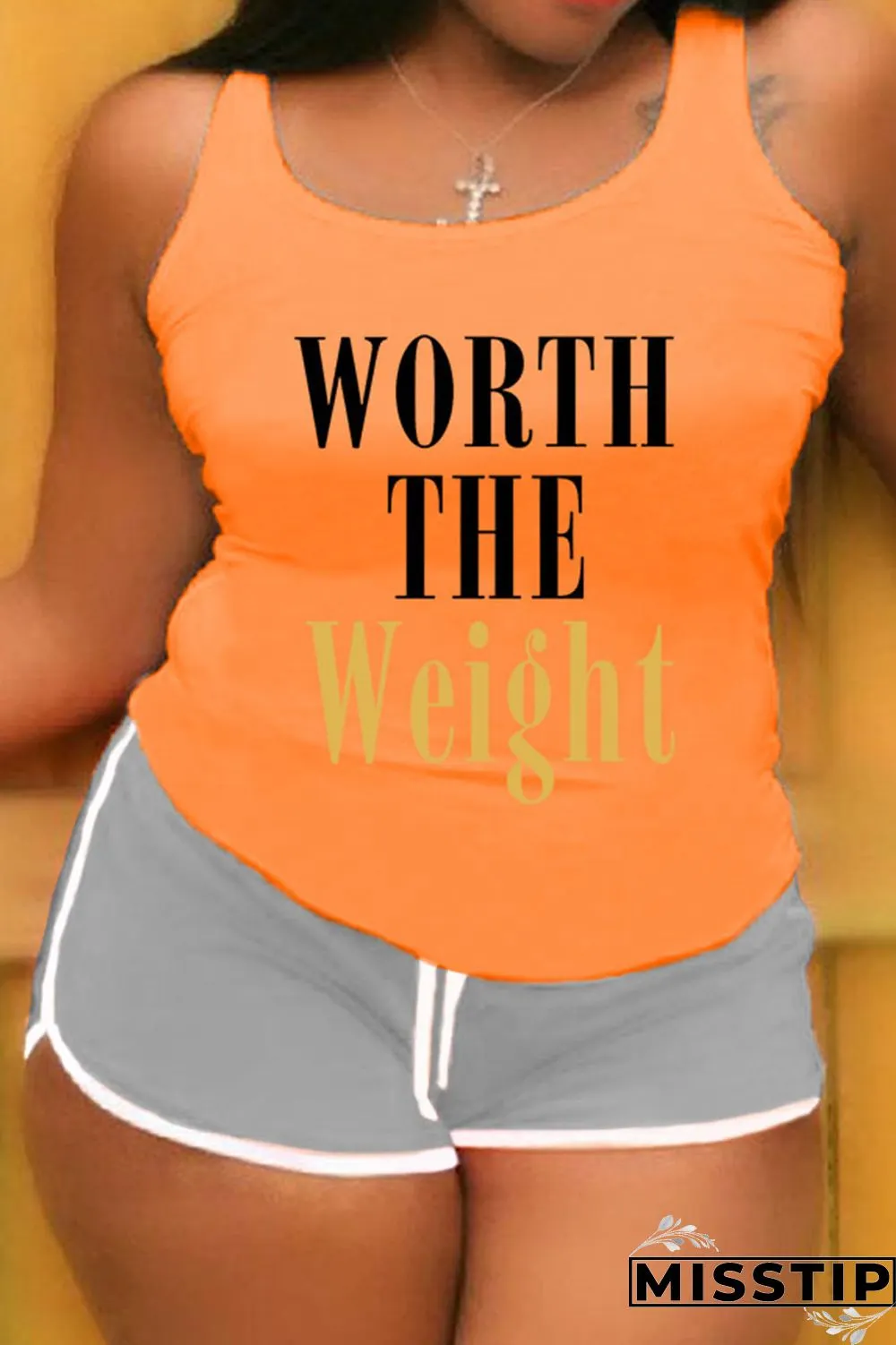 Khaki Casual Letter Patchwork U Neck Plus Size Two Pieces