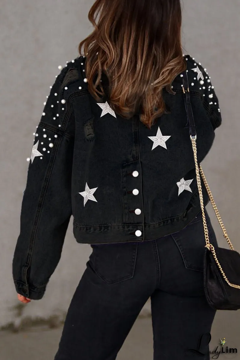 Casual Solid Beading Turndown Collar Long Sleeve Denim Jacket(3 Colors)