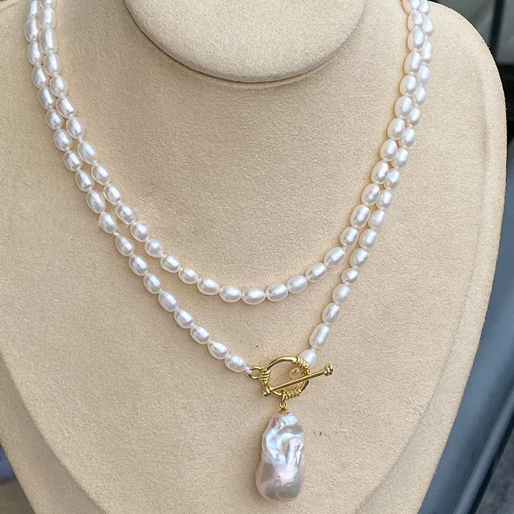Baroque shaped pearl long necklace | Rare aurora borealis pinkish baroque pearls | OT clasp pendant 80 cm
