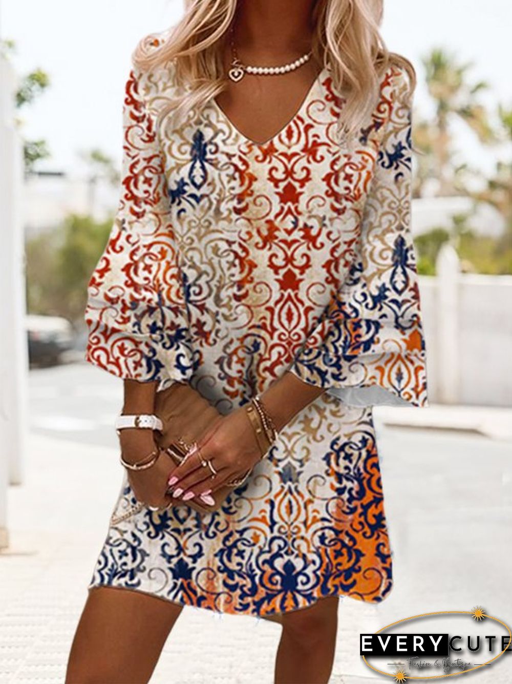 Ethnic V Neck Casual Dresses