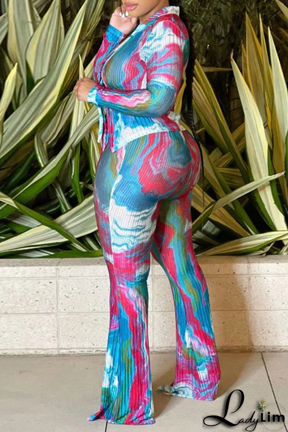 Blue Sexy Print Bandage Patchwork Turndown Collar Long Sleeve Two Pieces