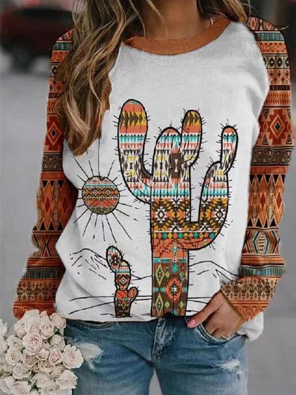Women Long Sleeve Scoop Neck Floral Printed Graphic Top