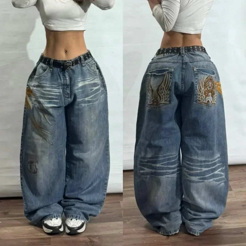 Aonga Y2K New Embroidered Jeans Retro Harajuku Oversize Casual Pants Men's and Women's Street Hip Hop Punk High Waist Wide Leg Pants aonga