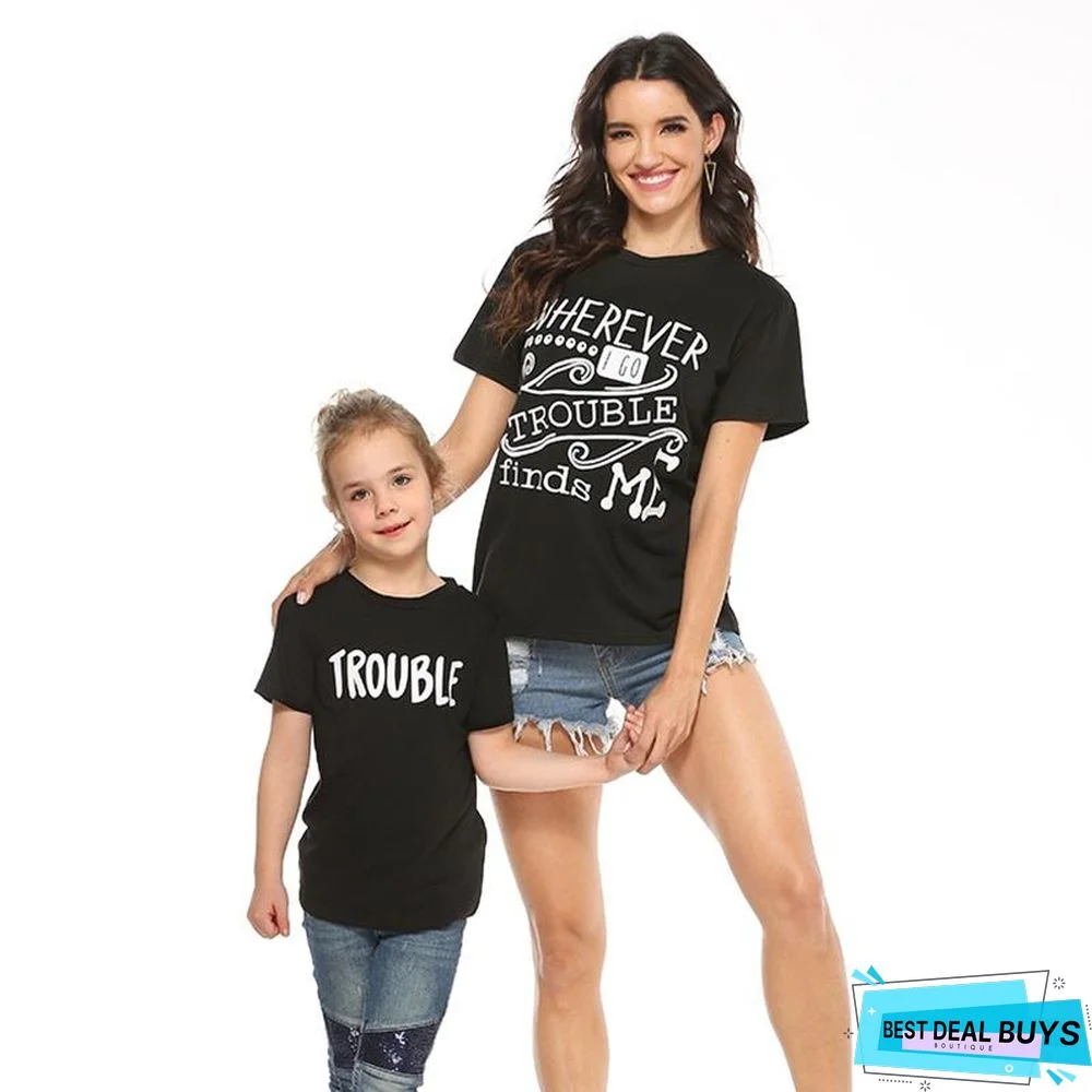 Mommy and Me Round Collar Letter Black Short Sleeve Matching Tops