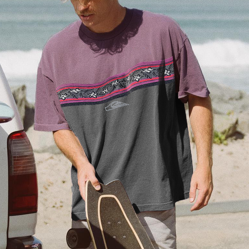 Retro Contrast Round Neck Surf T-Shirt、、URBENIE