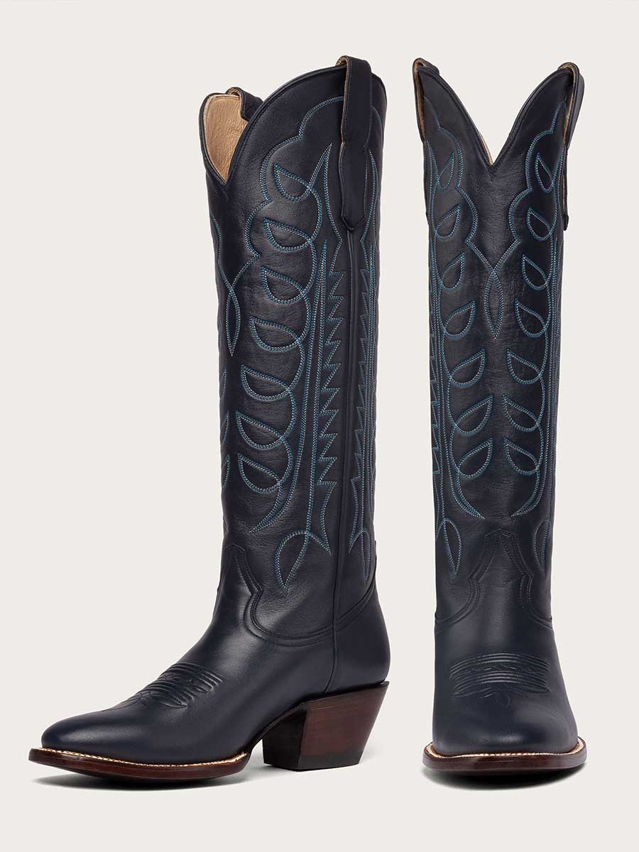 Navy Almond Toe Embroidered Knee High Cowgirl Boots with Chunky Heels