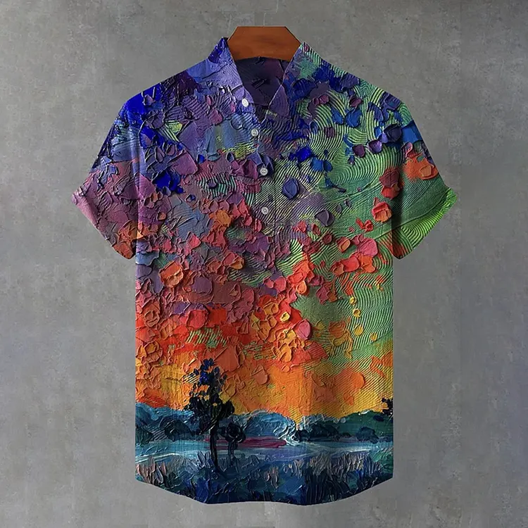 Men's Retro Abstract Green Geometric Stripes Pattern Art Print Half Collar Cotton And Linen Shirt