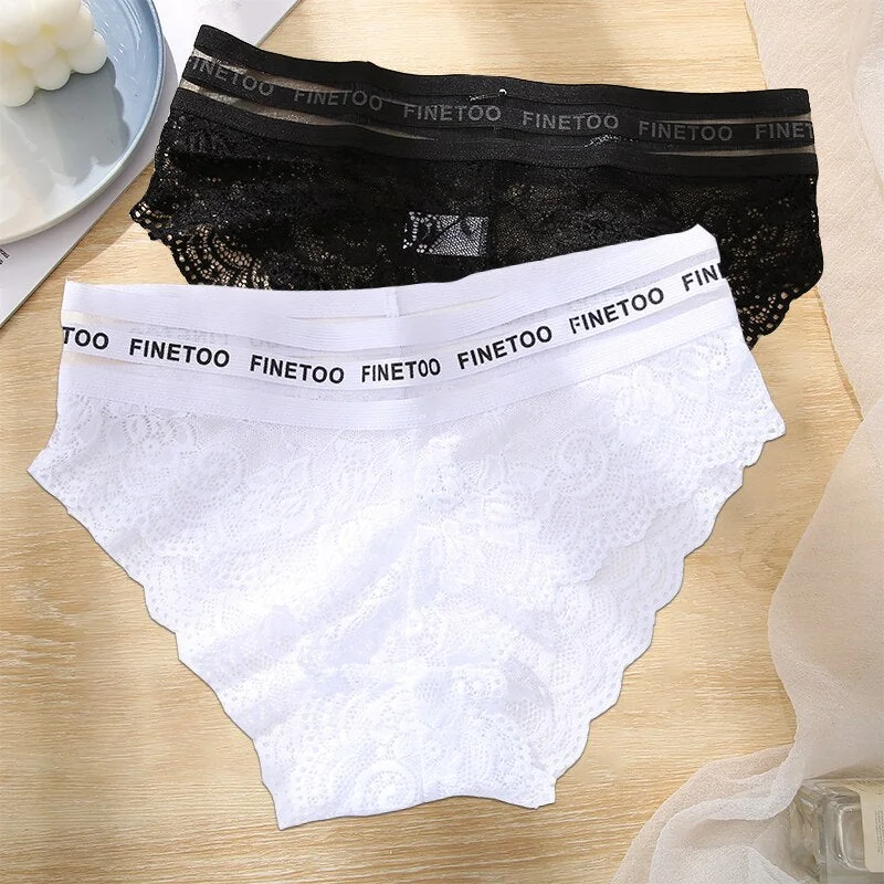 FINETOO 2PCS/Set L-XXL Floral Lace Women Panties High Waist  Sexy Lace Underwear Woman Letter Lingerie Female Seamless Briefs