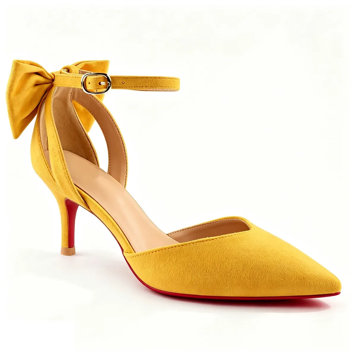 65mm Women's Suede Pointed Toe Kitten Heels Back Bow Ankle Strap Red Bottom Pumps for Wedding Party-MERUMOTE