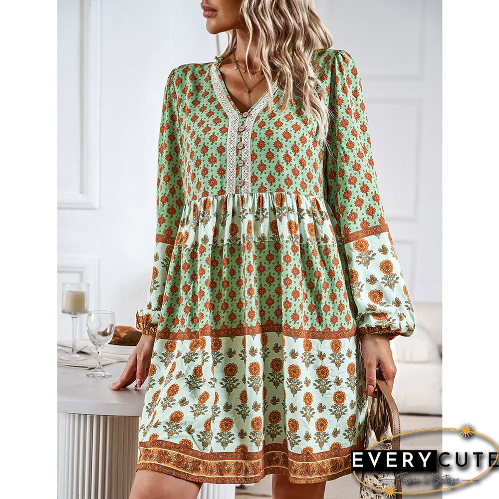 Light Green Bohemia Print Button Detail V Neck Long Sleeve Dress