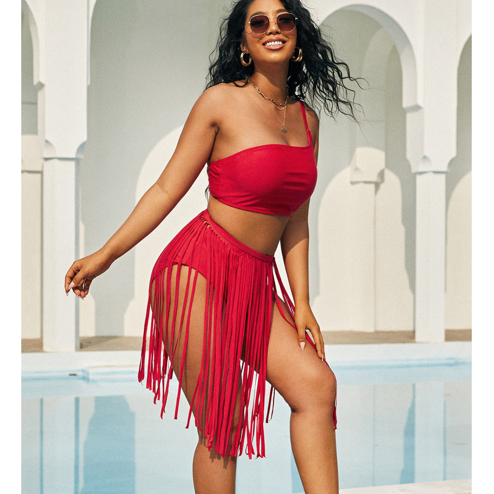 Plus Size New Swimsuit  Three Piece Tassel Bikini Exclusive for Mesh Split Swimsuit Female Bikini