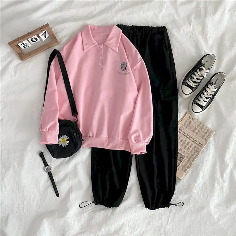 Women Two Piece Outfits Sets Clothes Long-sleeved Casual Tooling Leggings Two-piece Suit Female Student Korean Loose CN(Origin)