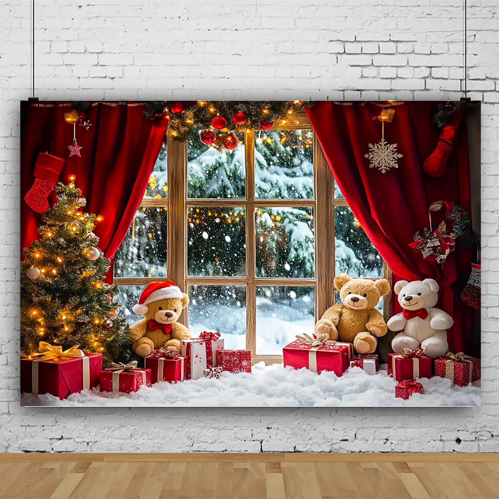 Tegooe Christmas Winter Snowy Window Photography Backdrop - Holiday Teddy Bear and Tree Photo Background Tegooe