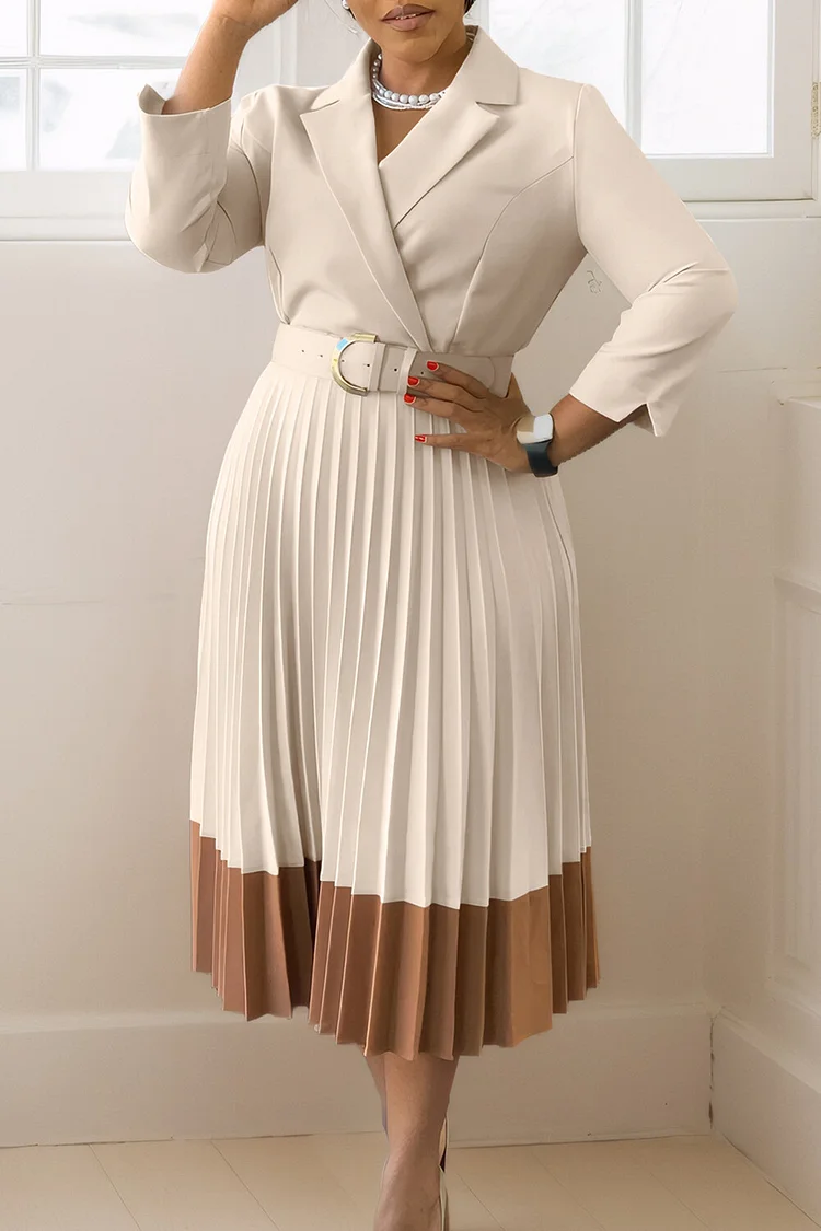 Notch Lapel 3/4 Sleeve Colorblock Pleated Hem Belted Midi Dresses-Beige