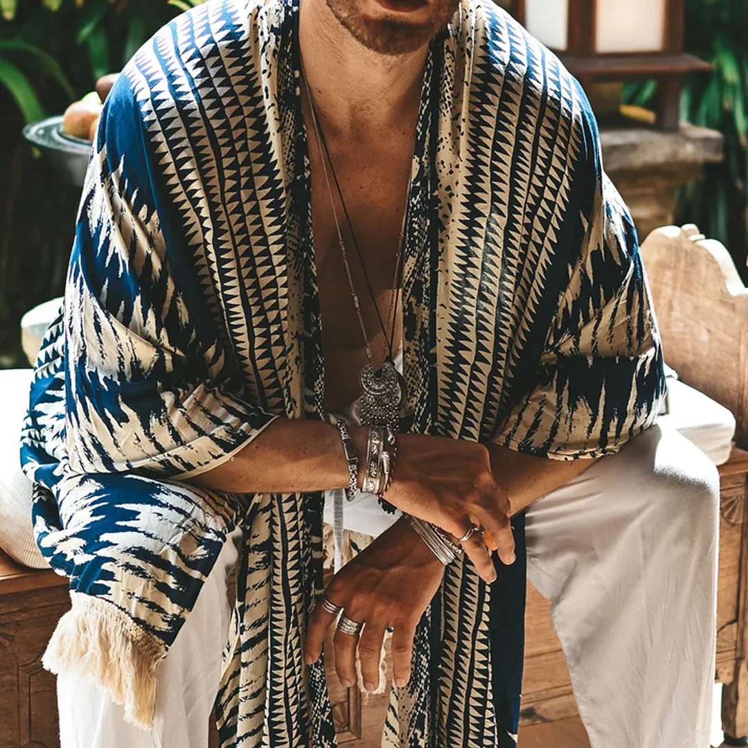 Linen Tribal Print Robe Kimono-inspireuse