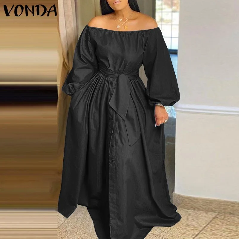 Autumn Dress 2022 VONDA Women Long Lantern Sleeve Off The Shoulder Dresses Loose Solid Sundress Oversize Long Maxi Robe Femme