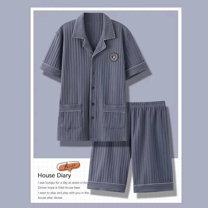 Pure cotton men's cardigan short sleeve shorts plus size pajamas