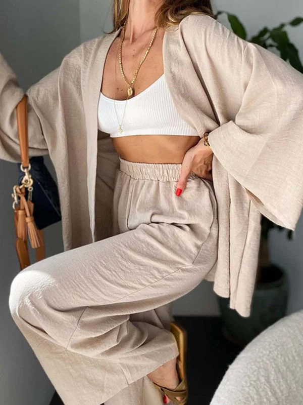 Women's Cotton Linen Set Casual Two Piece Set Open Front Loose Top and Wide Leg Pant