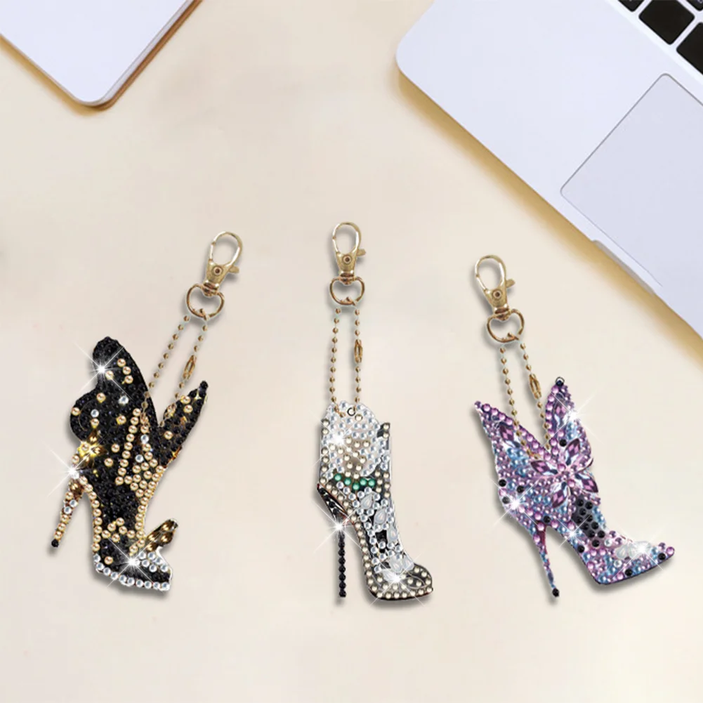 6pcs High Heels Diamond Art Keychains DIY Keychains Point Drill Key Ring(Double Side)