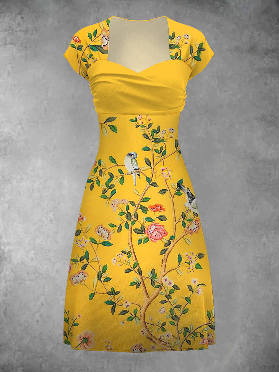 Floral Print Elegant Vintage Short Sleeve Mini Dress