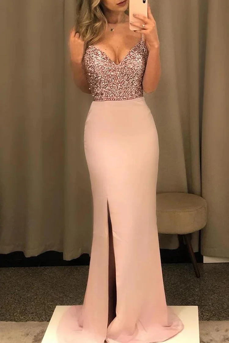 Sequins Strap Backless High Slit Maxi Dress