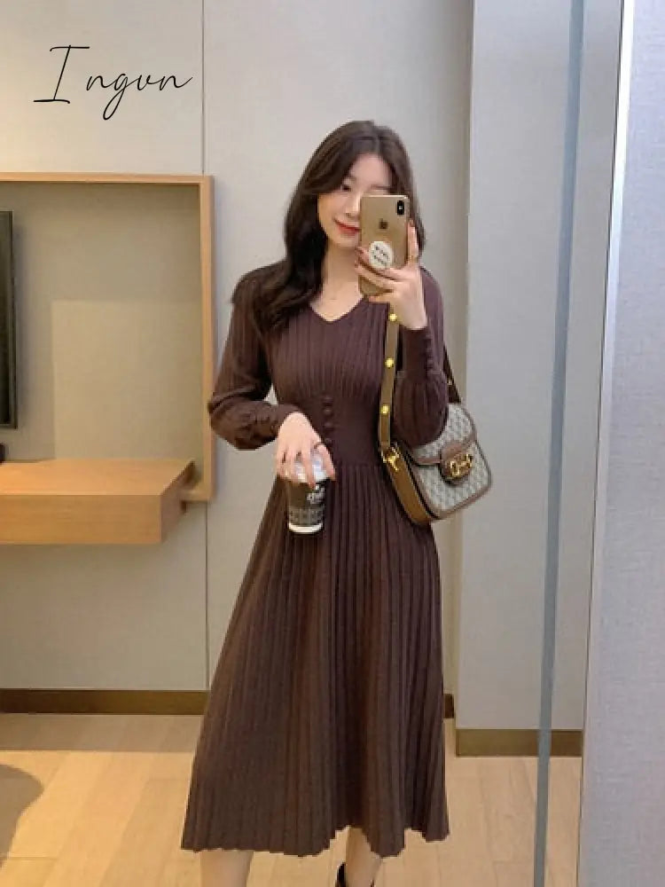 Ingvn - Knitted Dress Women Casual Long Sleeve Vintage Elegant Office Sweater Female Spring One -