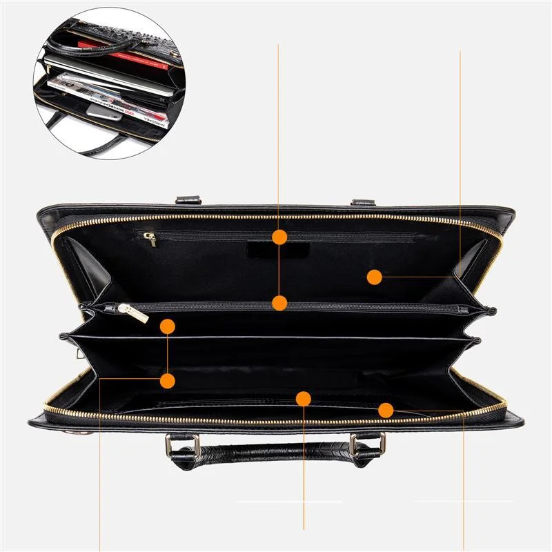 Vintage Genuine Leather Crocodile-Textured Style Top-Handled Business Bag