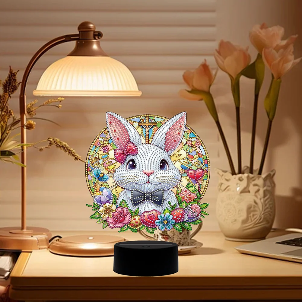 DIY Acrylic Double Sided Bunny Diamond Painting LED Night Light for Easter Decor