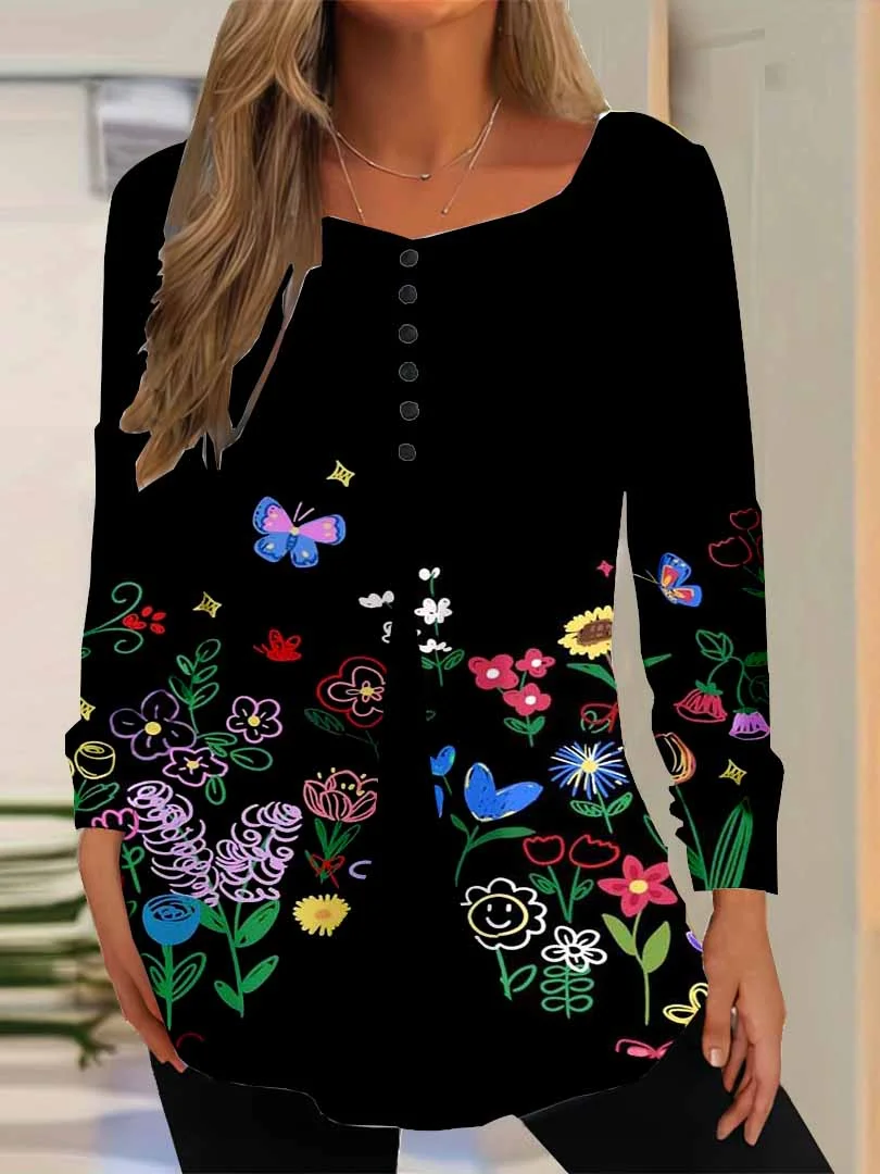 Women Graphic,Black DZGG8388 Long Sleeve Scoop Neck Printed Graphic Button Fake 2in1 Tops