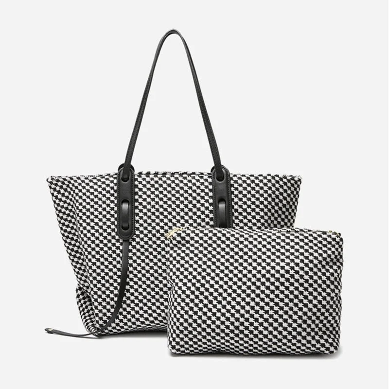 Women Tote Bag 2 In 1 For 2021 Winter New Trend Luxury Shoulder Plaid Crochet Shopper Female Houndstooth Ladies Large Handbags