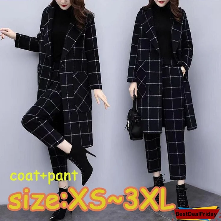 Winter Black Woolen Plaid Two Piece Sets Outfits Women Plus Size Long Coat And Pants Suits Elegant Fashion Office Sets