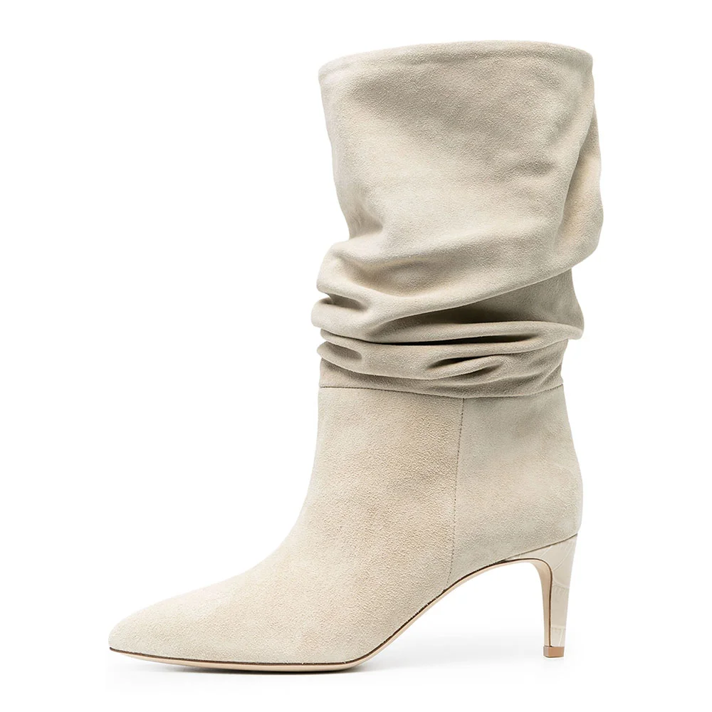 Ivory Faux Suede Pointed Toe Wide Mid-Calf Boots With Kitten Heels Nicepairs
