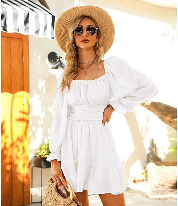 Women's Lantern Sleeve Tie Back Dress Ruffled Off Shoulder A-Line Vintage Mini Dress