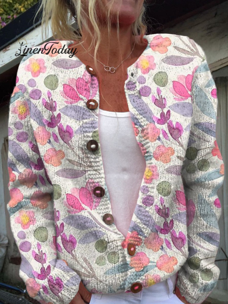 Fresh Pink Flowers Print Buttoned Cardigan Sweater Multicolor / S