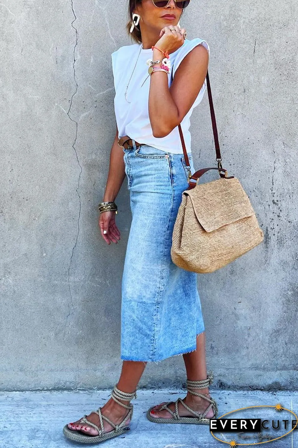 Fashion Slit Regular High Waist Type H Solid Color Bottoms