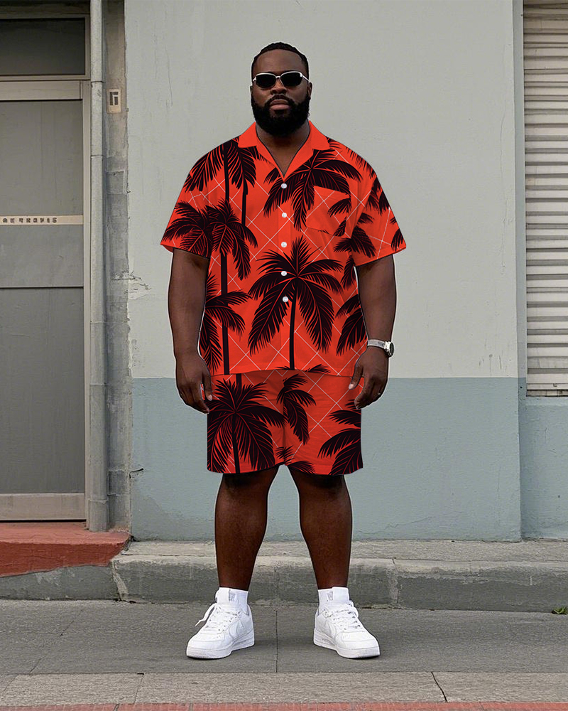 Men's Big and Tall Hawaii Casual Plaid Palm Trees Printed Cuban Collar Short Sleeve Shirt Shorts Set