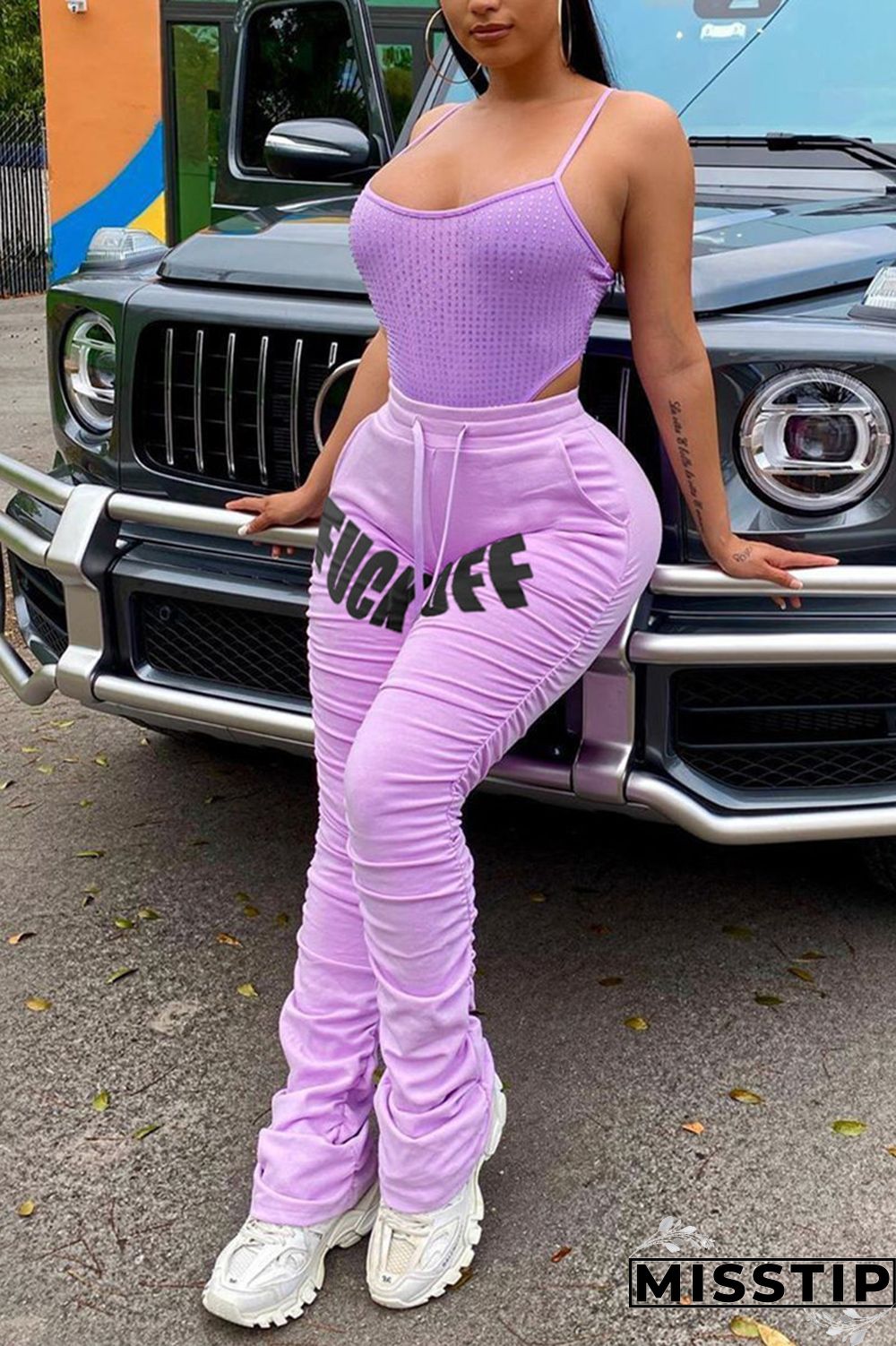 Light Purple Fashion Casual Printed Sports Trousers