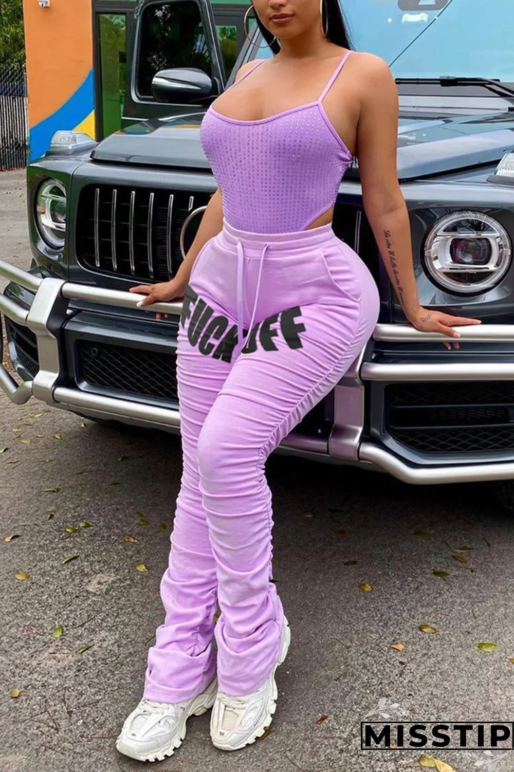 Light Purple Fashion Casual Printed Sports Trousers
