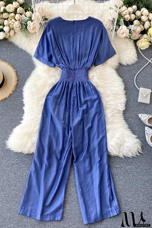 MidiSono - Elastic Waist  V Neck Denim Jumpusits