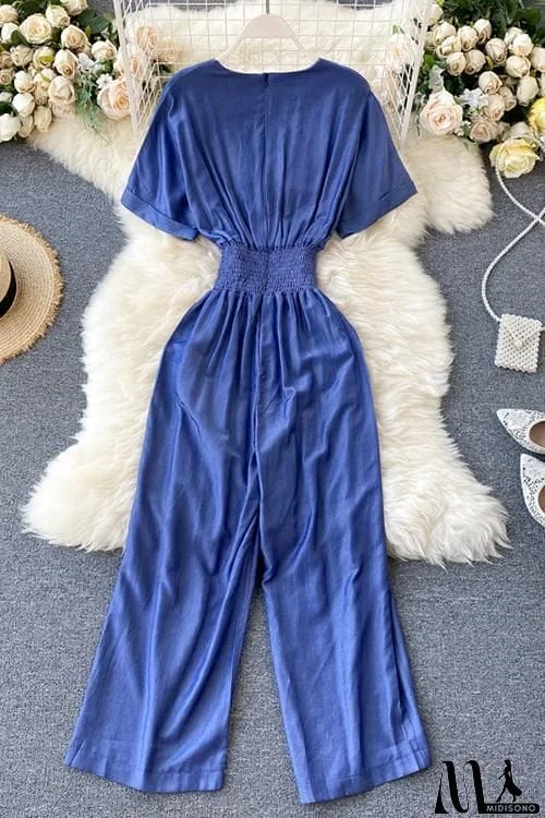 MidiSono - Elastic Waist  V Neck Denim Jumpusits