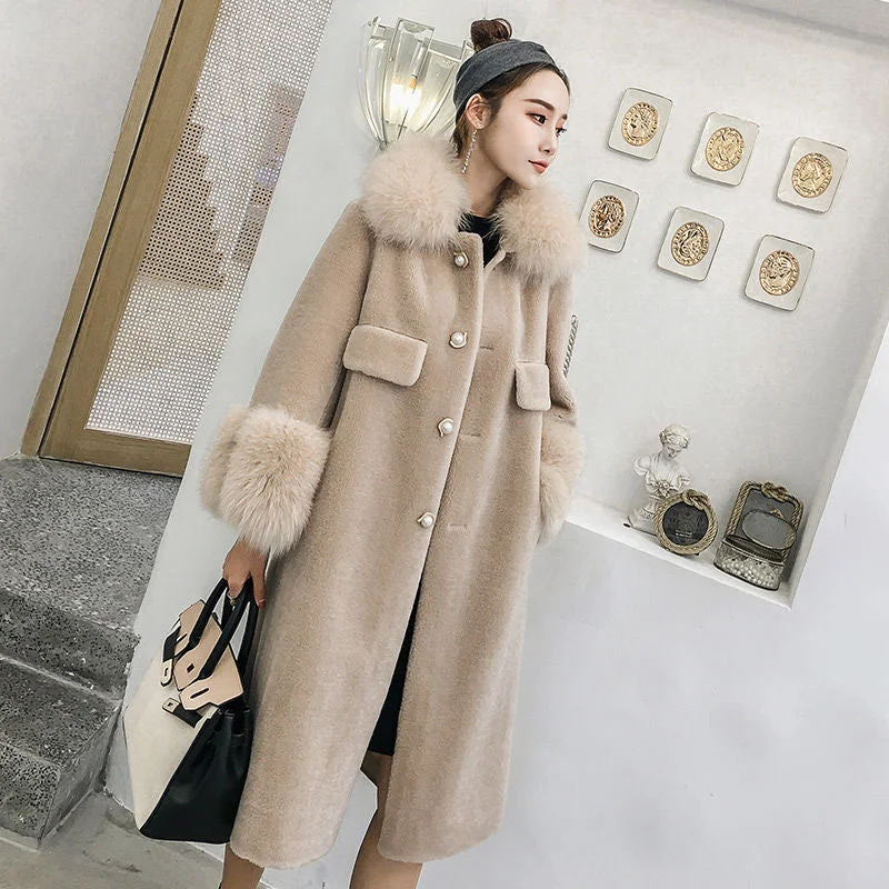 Suofun Long Sheep Shear Loose Women Office Style Lady Warm Single Breasted Lamb Fur Wool Cloth With Soft Nap Fur Winter Coat