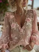 Women's Pink Floral Embroidered Art V-neck Long Sleeve Linen Blend Blouse