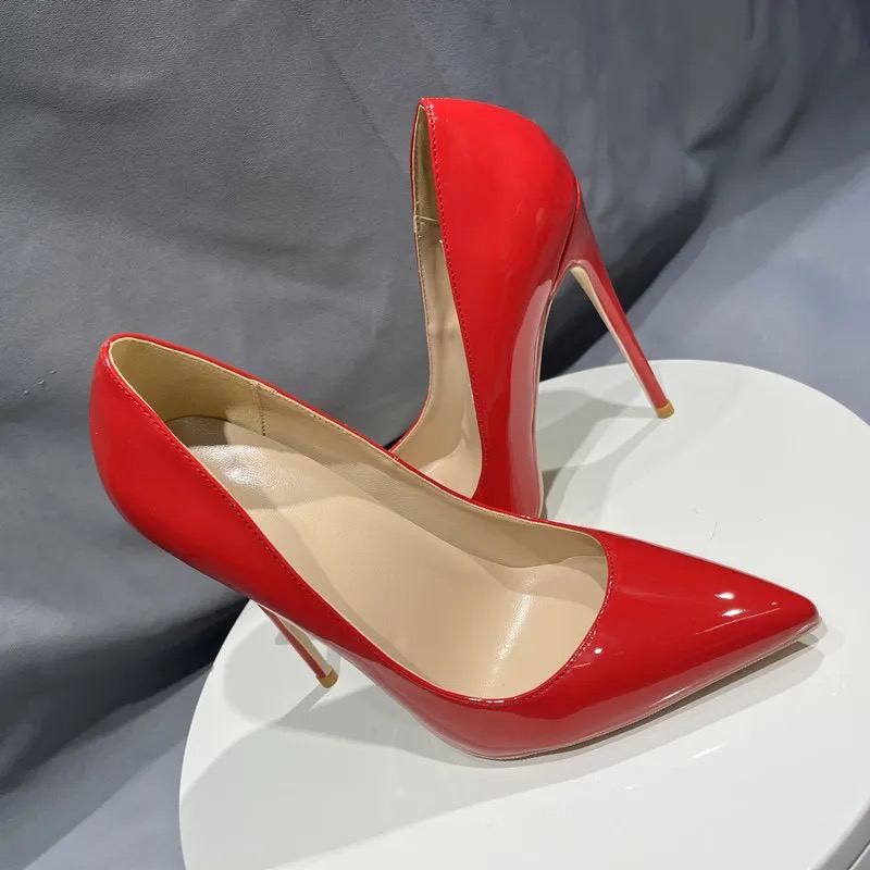 VCshoes 10 12cm Red Woman High Heels Patent Leather Pointed Toe Shallow Stilettos Pumps Wedding Party Bridemaids Dress Shoes