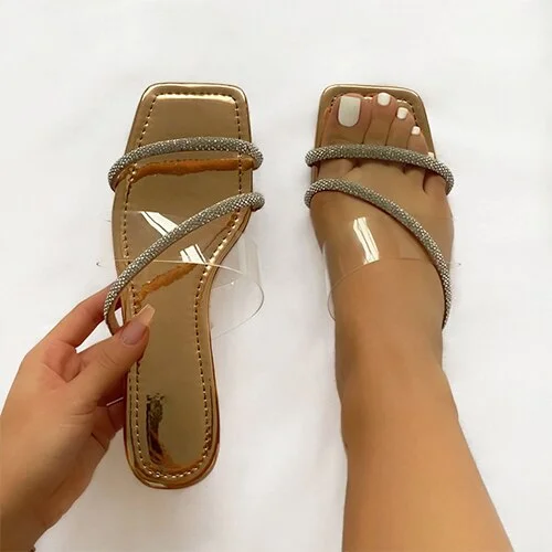Summer Women Crystal Slippers Female Square Toe Casual Flat Ladies Narrow Band Slides Women's Leisure Comfort Shoes Plus Size